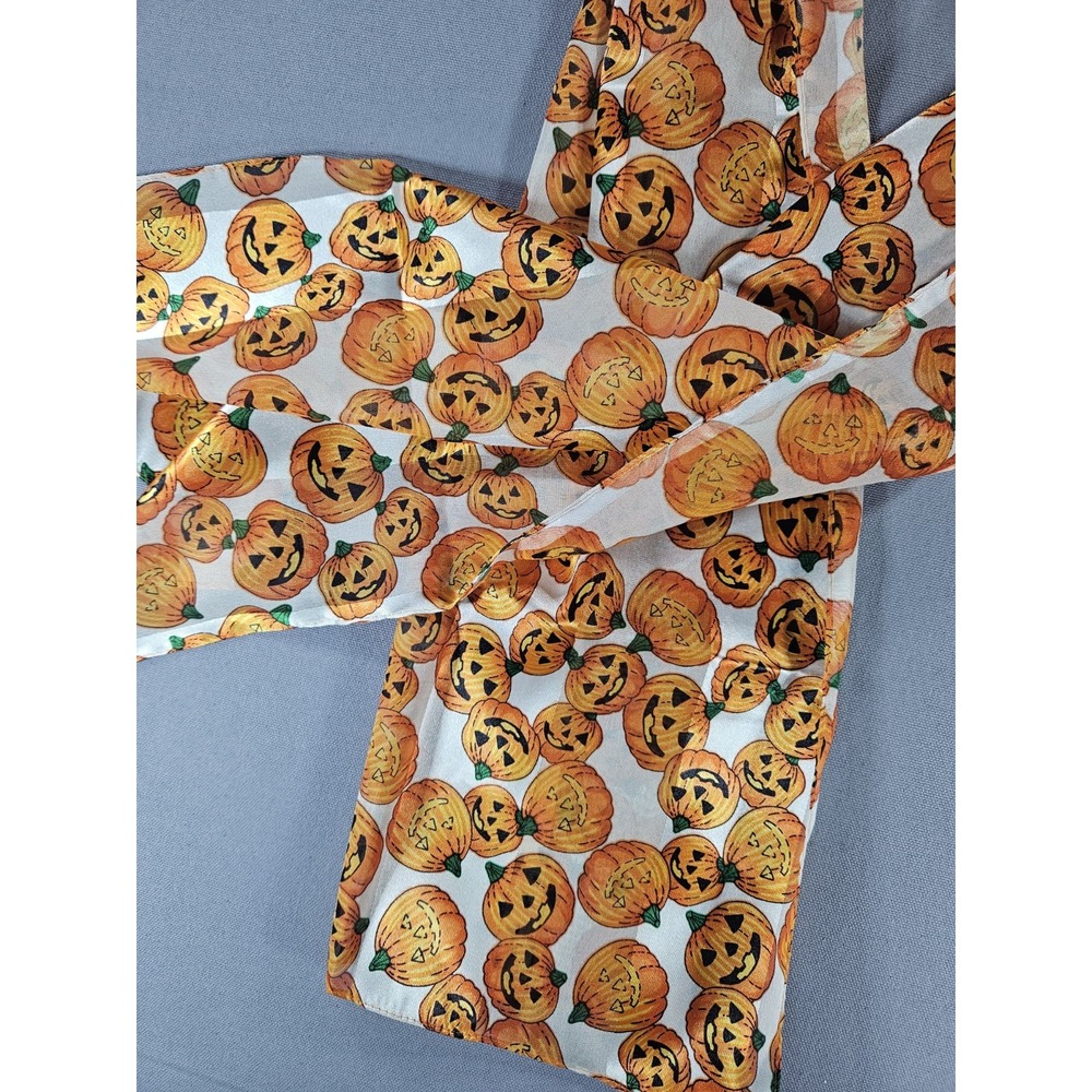 Halloween Jack O Lantern Pumpkin Scarf Orange White Chiffon Lightweight Holiday - Picture 2 of 6